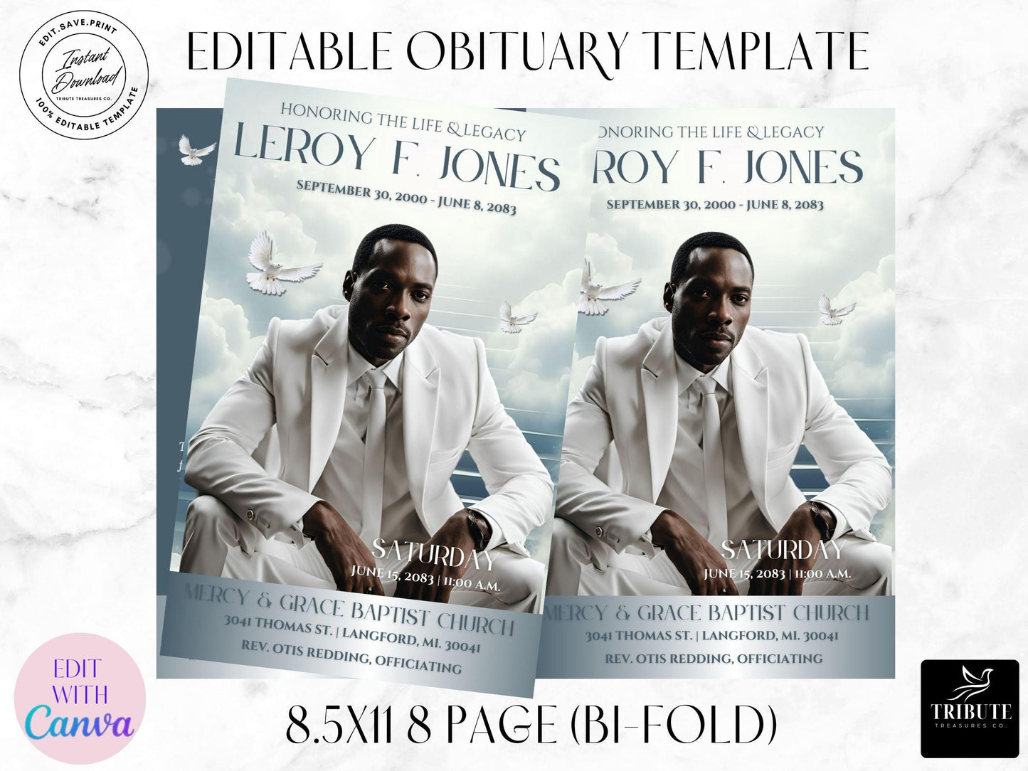 8-Page | 8.5x11 Bi-fold Funeral Program Book Design | Blue & Silver Clouds | Obituary Book | Memorial Keepsake | Canva Template