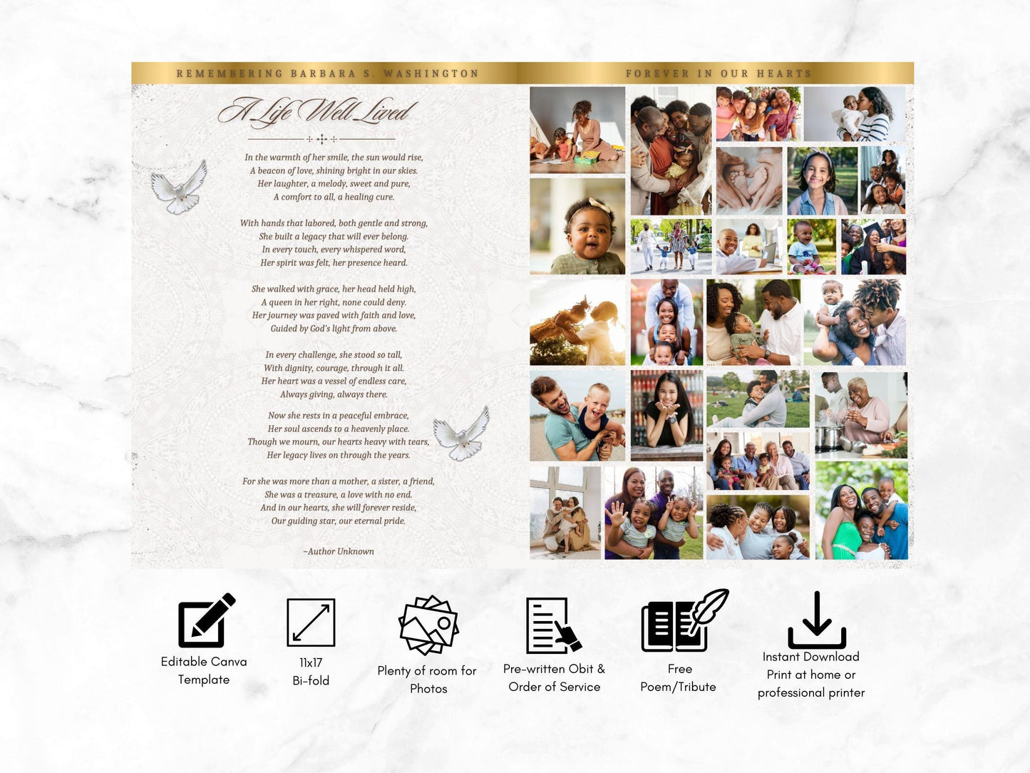 Obituary Template | Funeral Program | 11x17 (12-Page) Bi-fold Booklet | White and Gold Inspired | Memorial Program | Canva Template | #042