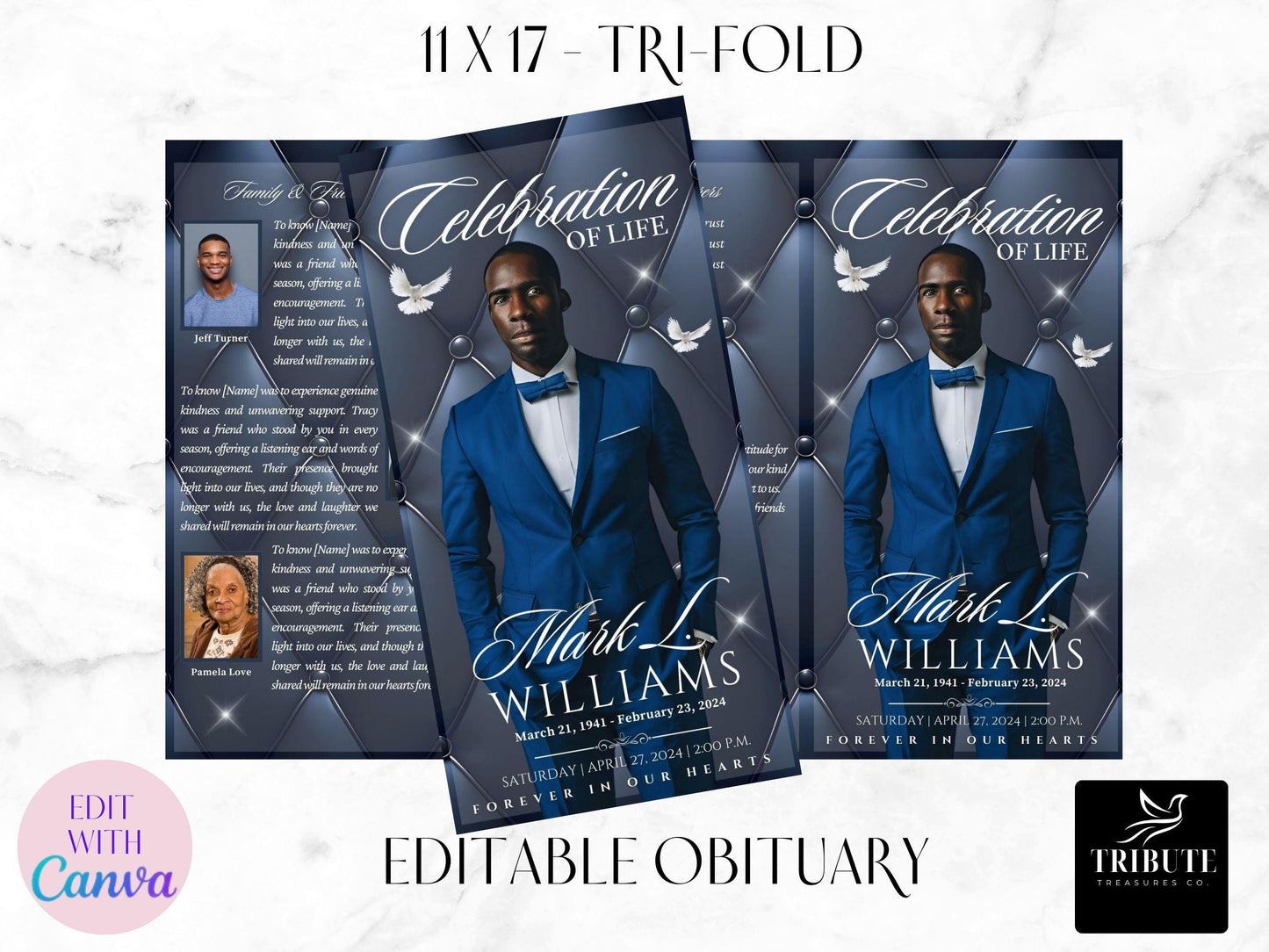 Editable Funeral, Obituary Program Template (11x17 tri-fold) - Opulent Blue Leather Memorial Program - Personalized Order of Service