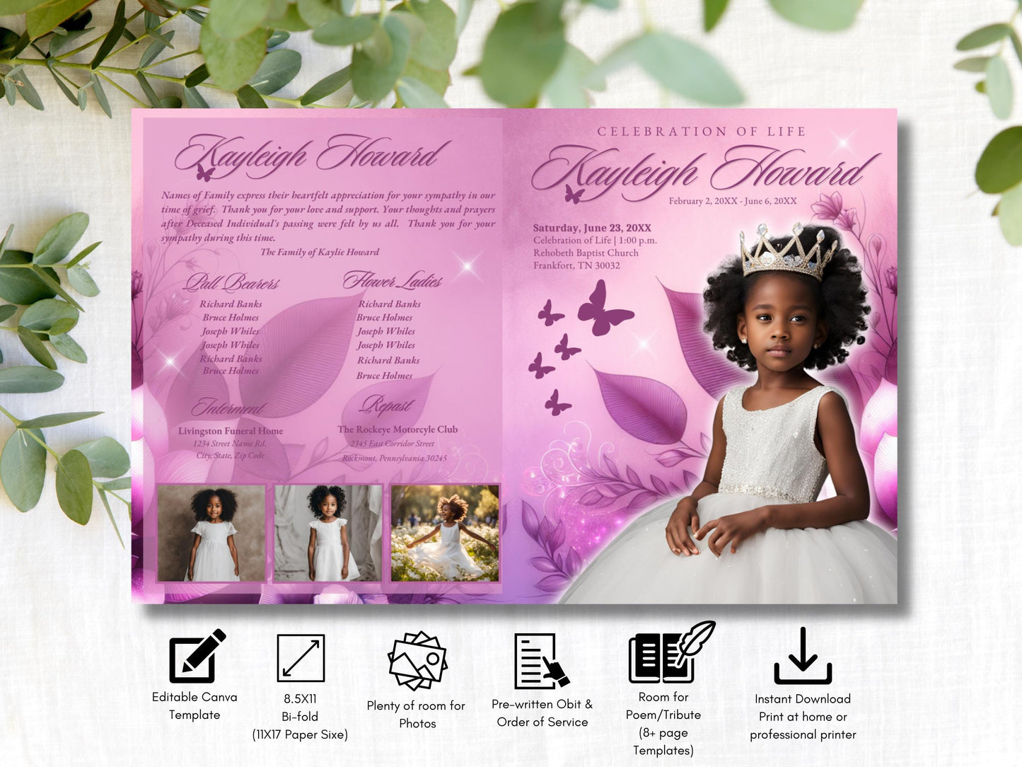 4-Page | 8.5x11 Bi-fold Funeral Program BOOKLET | Youth Pink and Purple | Obituary Book| Memorial Keepsake | Canva Template