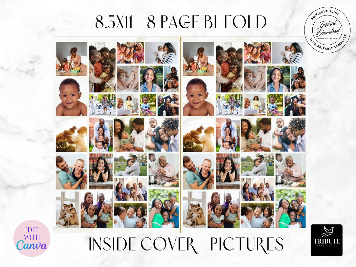 Editable Canva Funeral Program Template | White and Gold | 8-Page 8.5x11 Bi-fold | Memorial Keepsake | Rest in Peace | Canva Template