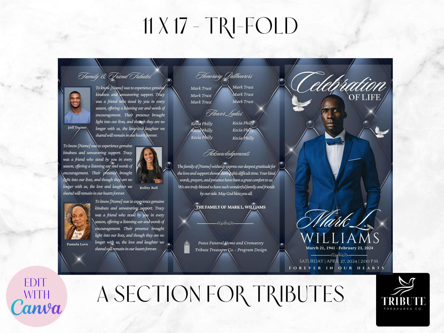 Editable Funeral, Obituary Program Template (11x17 tri-fold) - Opulent Blue Leather Memorial Program - Personalized Order of Service