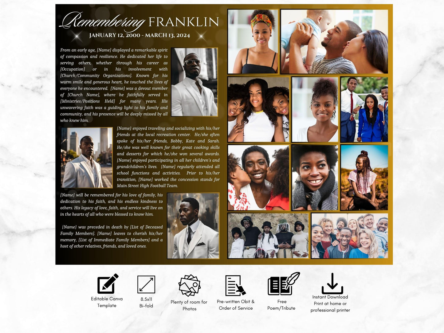 8-Page | 8.5x11 Bi-fold Funeral Program Book Design | Bold Mustard and Black | Obituary Book | Memorial Keepsake | Canva Template