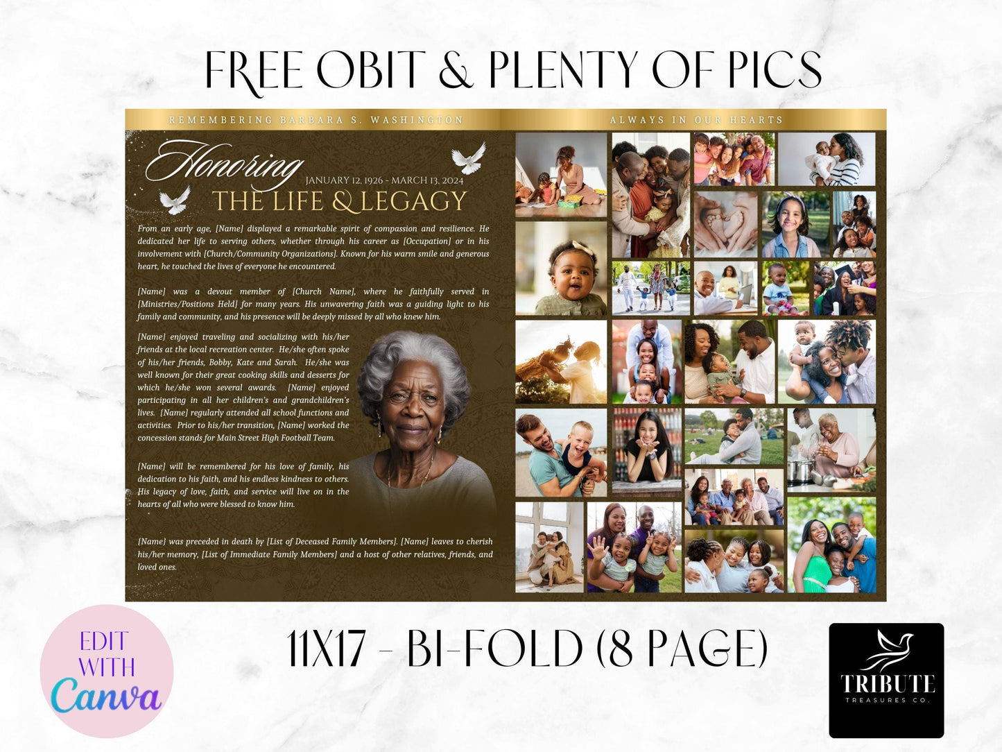 8-Page | 11X17 Bi-fold Funeral Program Book Design | Brown and Gold Inspired | Obituary Book| Memorial Keepsake | Canva Template
