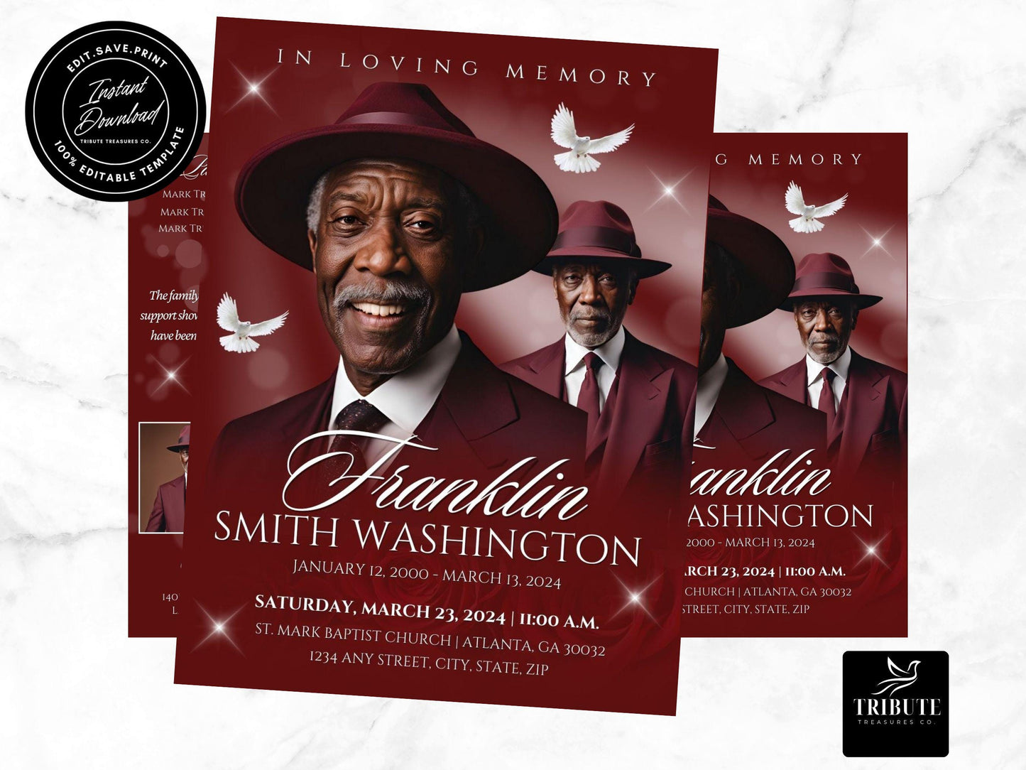 Editable Canva Funeral Program Template | Burgundy Rose | 4-Page 11X17 Bi-fold | Memorial Keepsake | Rest in Peace | Canva Template