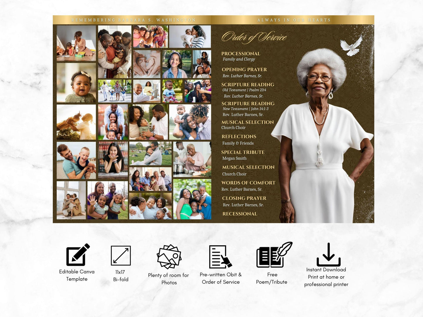 12-Page | 11X17 Bi-fold Funeral Program Book Design | Brown and Gold Inspired | Obituary Book| Memorial Keepsake | Canva Template