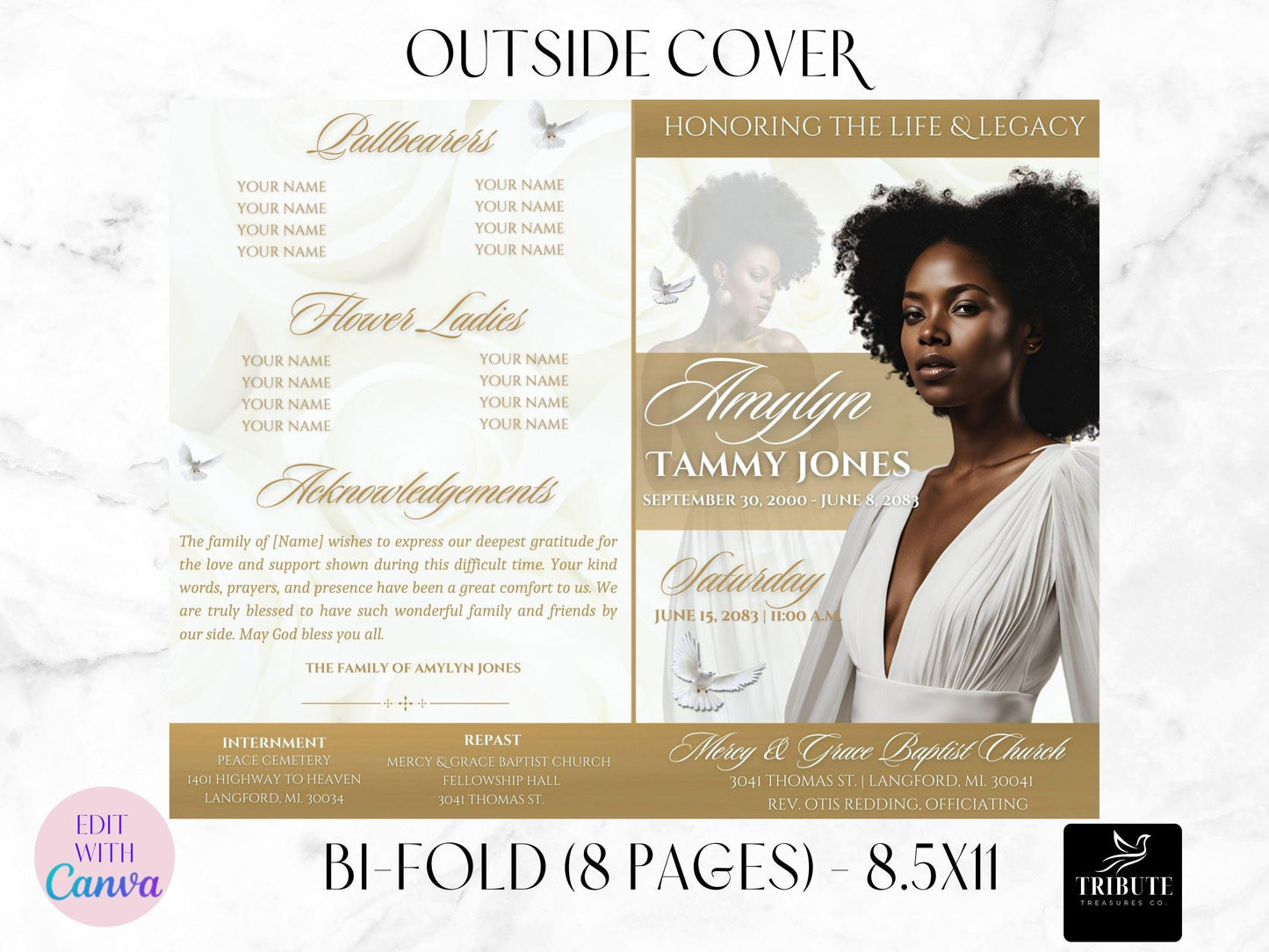 Editable Canva Funeral Program Template | White and Gold | 8-Page 8.5x11 Bi-fold | Memorial Keepsake | Rest in Peace | Canva Template