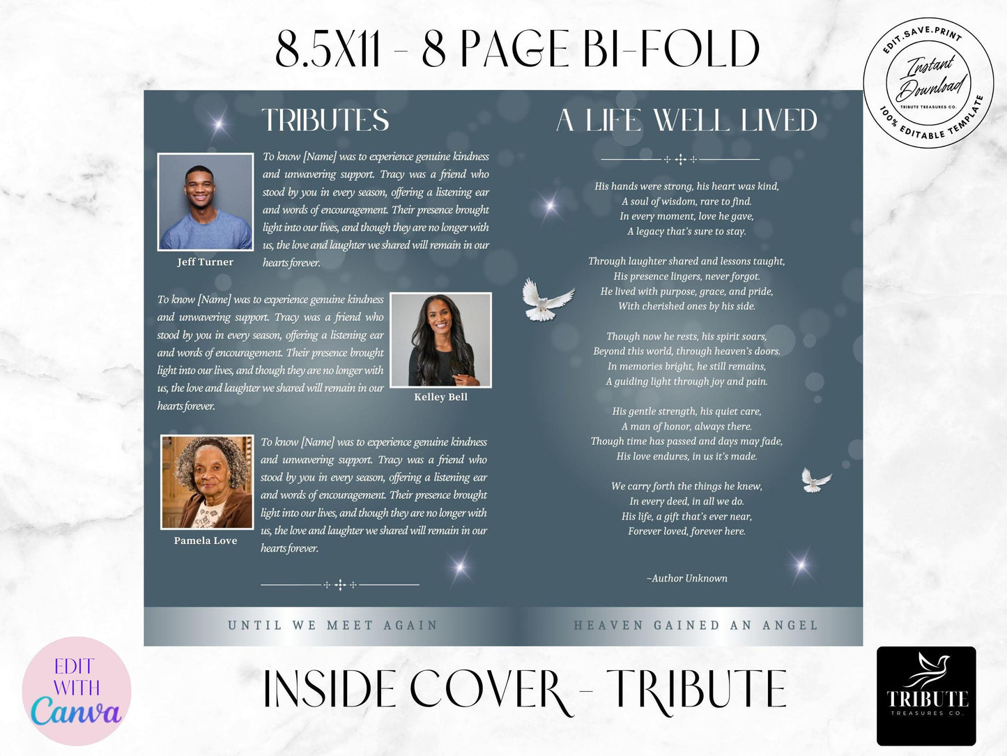 8-Page | 8.5x11 Bi-fold Funeral Program Book Design | Blue & Silver Clouds | Obituary Book | Memorial Keepsake | Canva Template