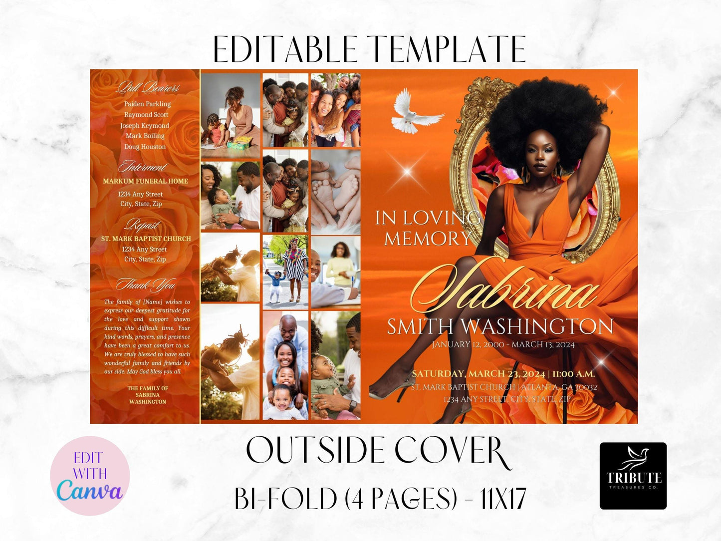 4-Page 8.5"x11" Bi-fold | Editable Funeral Program Booklet | Orange Clouds | Memorial Keepsake | Rest in Peace | Canva Template