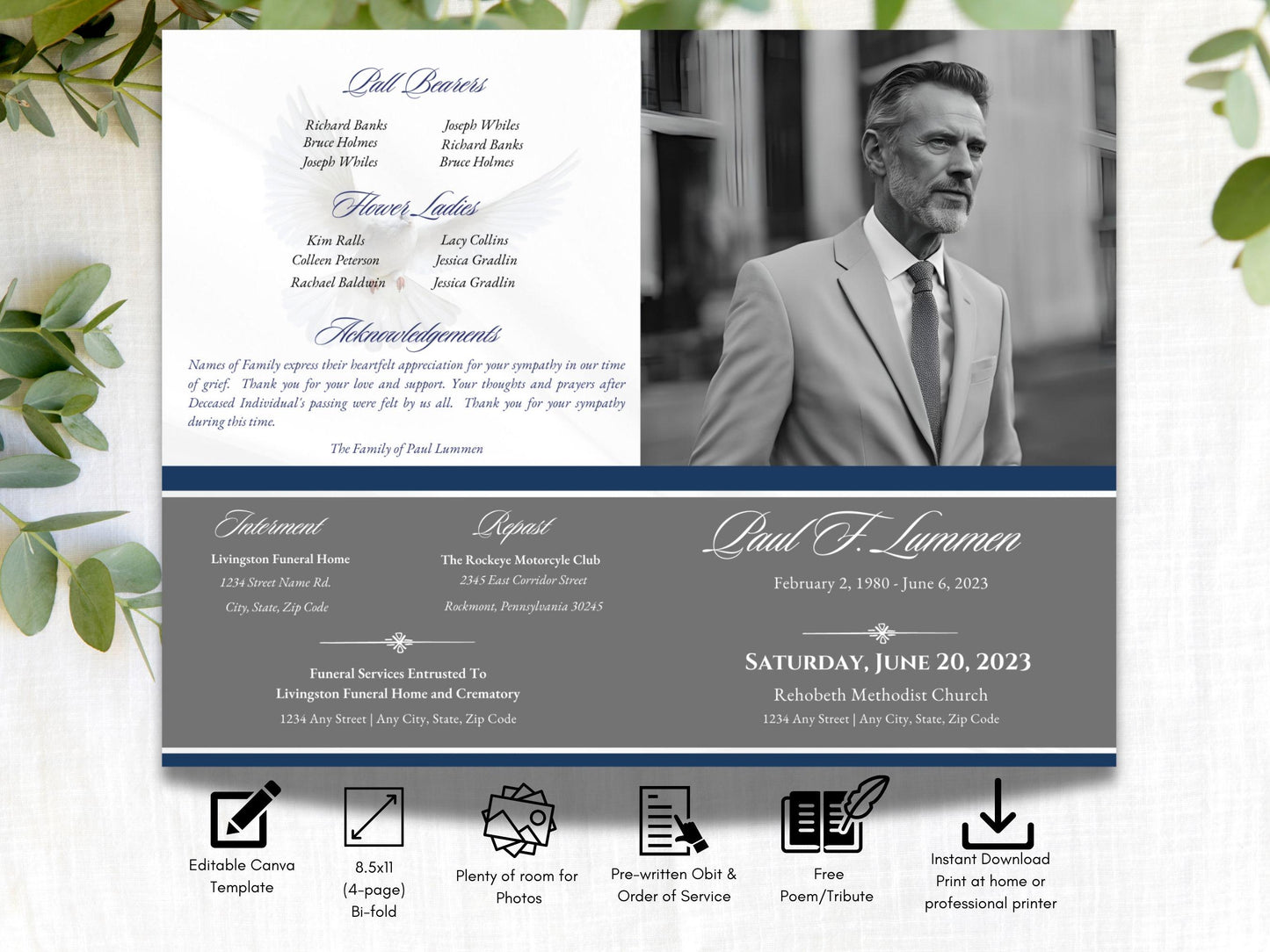 4-Page | 8.5x11 Bi-fold Funeral Program Book Design | Grey and Blue Obit Template | Obituary Book| Memorial Keepsake | Canva Template | #082