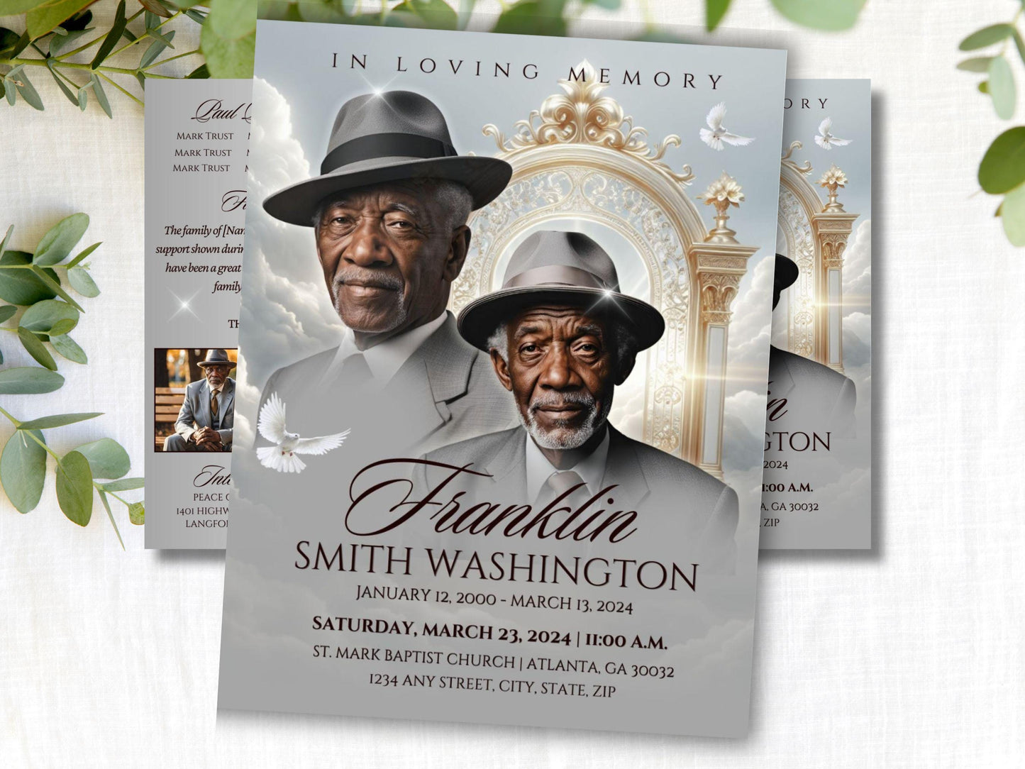 Editable Canva Funeral Program Template | Grey Heaven's Gate | 4-Page 11X17 Bi-fold | Memorial Keepsake | | Canva Template