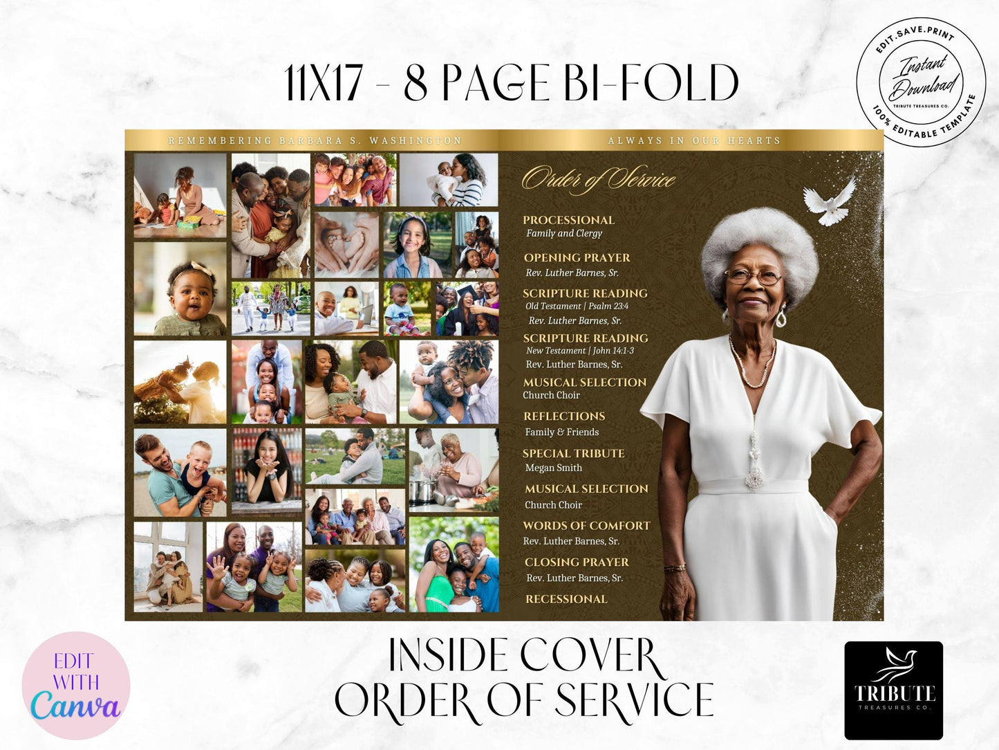 8-Page | 11X17 Bi-fold Funeral Program Book Design | Brown and Gold Inspired | Obituary Book| Memorial Keepsake | Canva Template