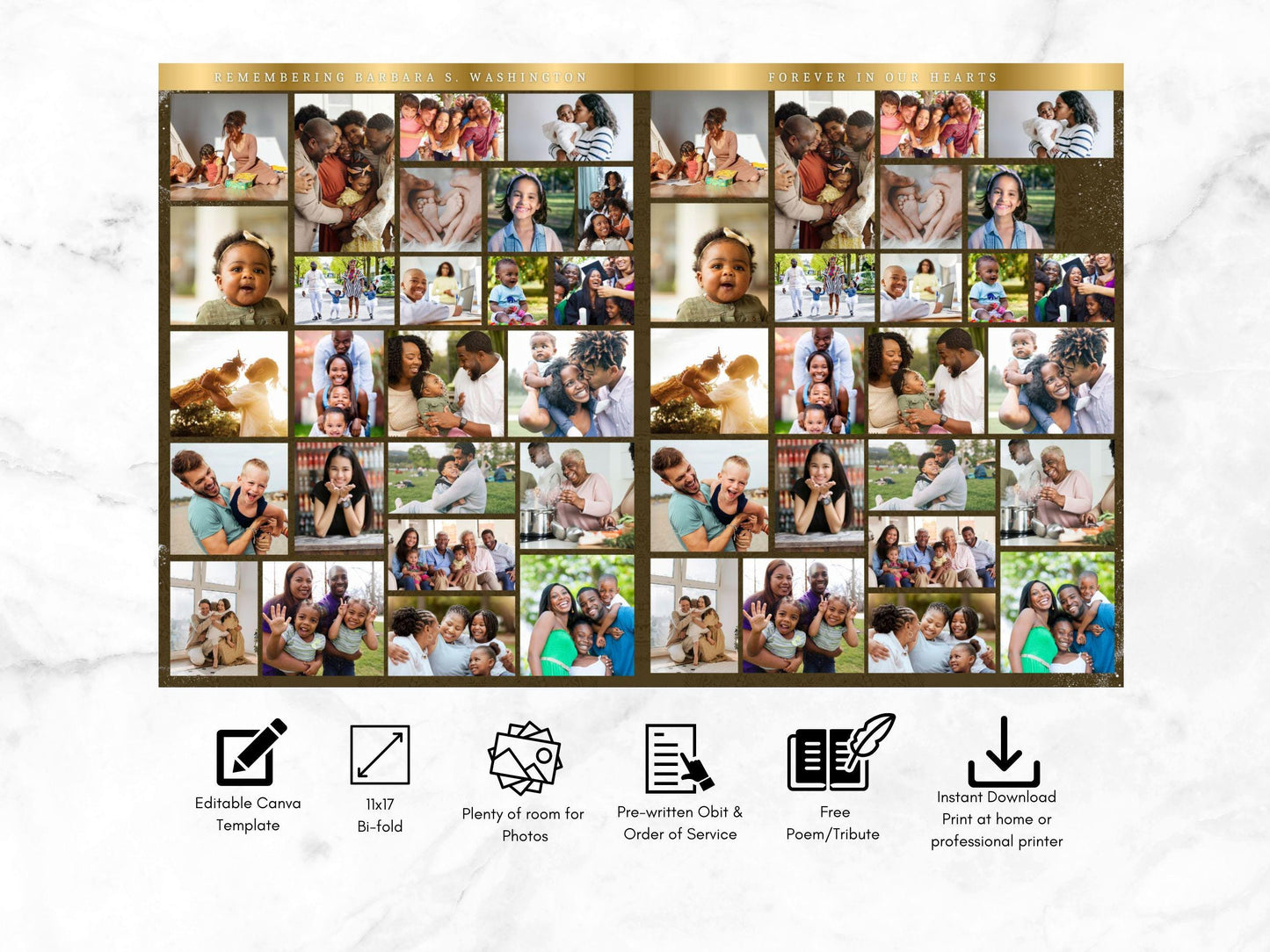12-Page | 11X17 Bi-fold Funeral Program Book Design | Brown and Gold Inspired | Obituary Book| Memorial Keepsake | Canva Template