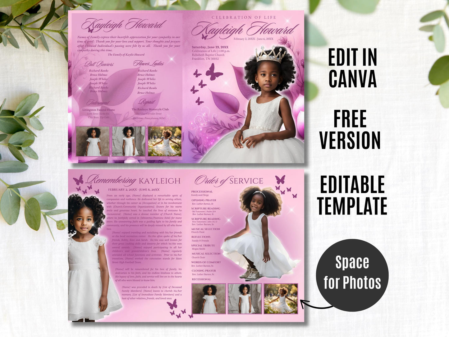 4-Page | 8.5x11 Bi-fold Funeral Program BOOKLET | Youth Pink and Purple | Obituary Book| Memorial Keepsake | Canva Template