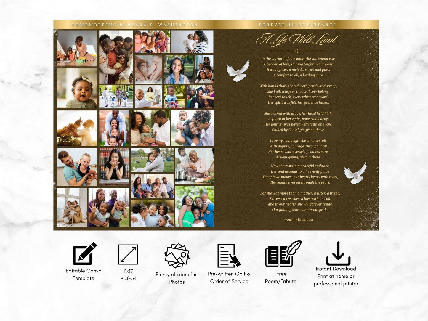 12-Page | 11X17 Bi-fold Funeral Program Book Design | Brown and Gold Inspired | Obituary Book| Memorial Keepsake | Canva Template