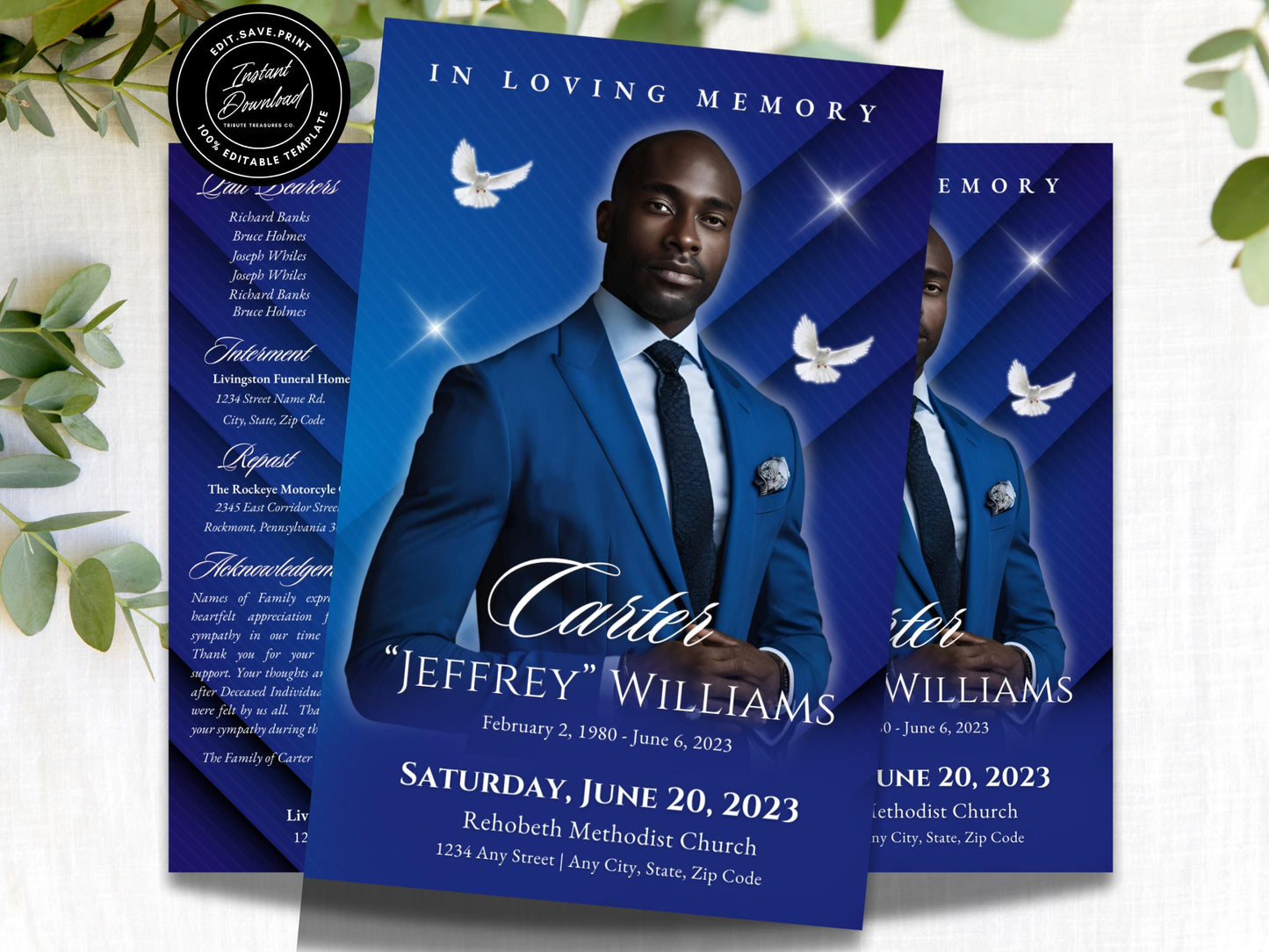 4-Page | 5.5"x8.5" Bi-fold Funeral Program Book Design | Blue themed Obituary | Obituary Book| Memorial Keepsake | Canva Template