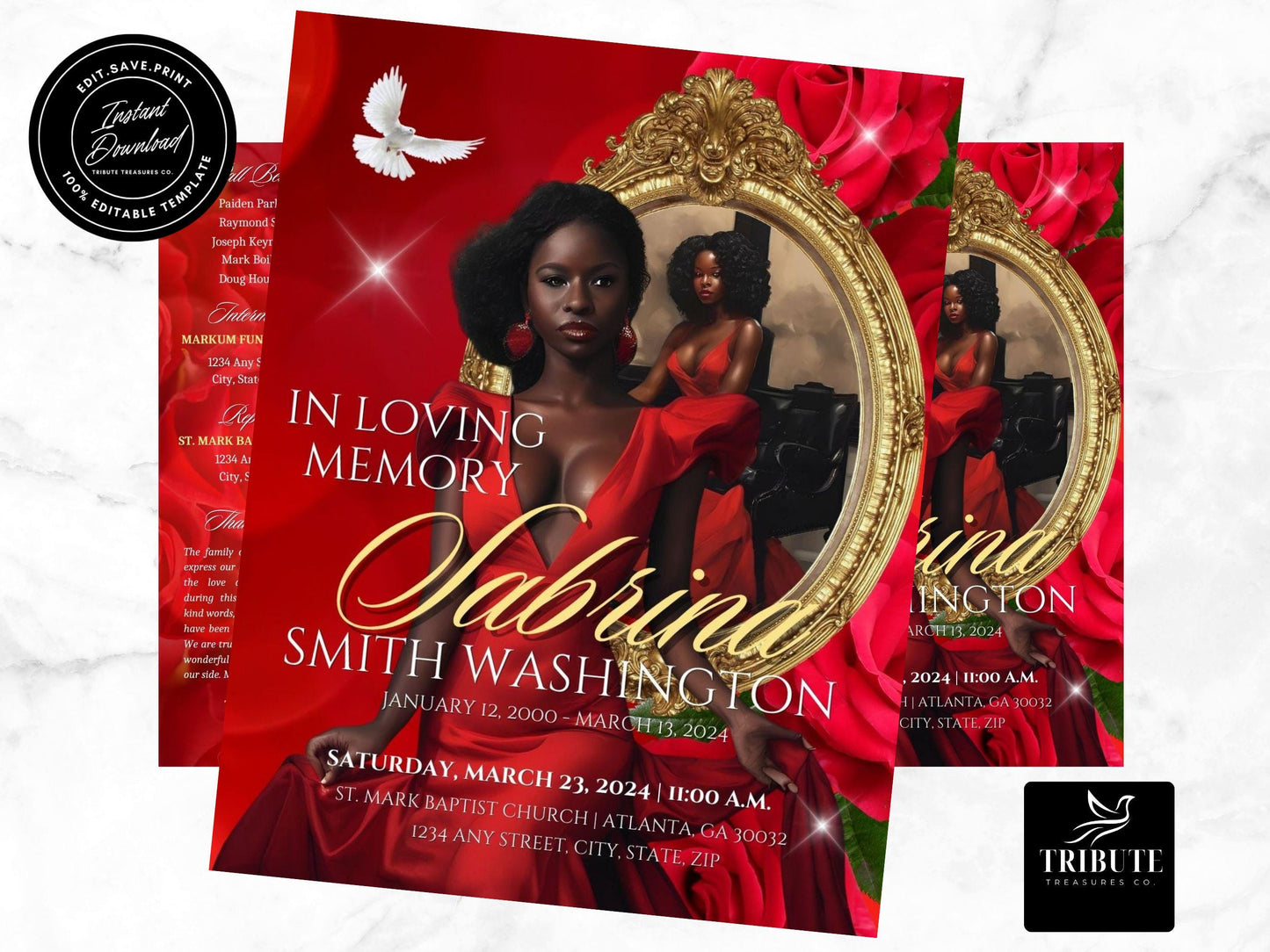 Editable Canva Funeral Program Template | Red Rose | 4-Page 11X17 Bi-fold | Memorial Keepsake | Rest in Peace | Canva Template