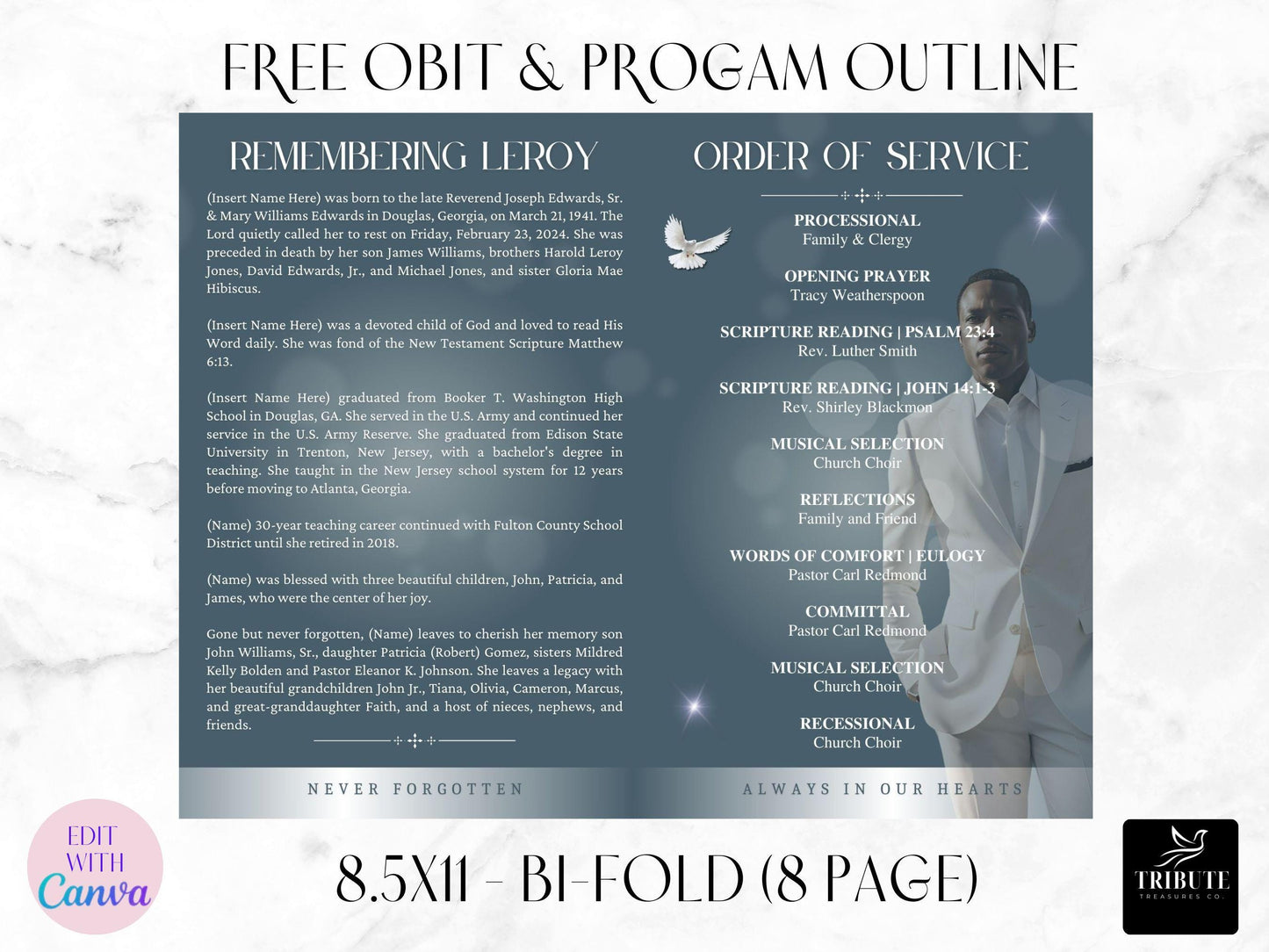 8-Page | 8.5x11 Bi-fold Funeral Program Book Design | Blue & Silver Clouds | Obituary Book | Memorial Keepsake | Canva Template