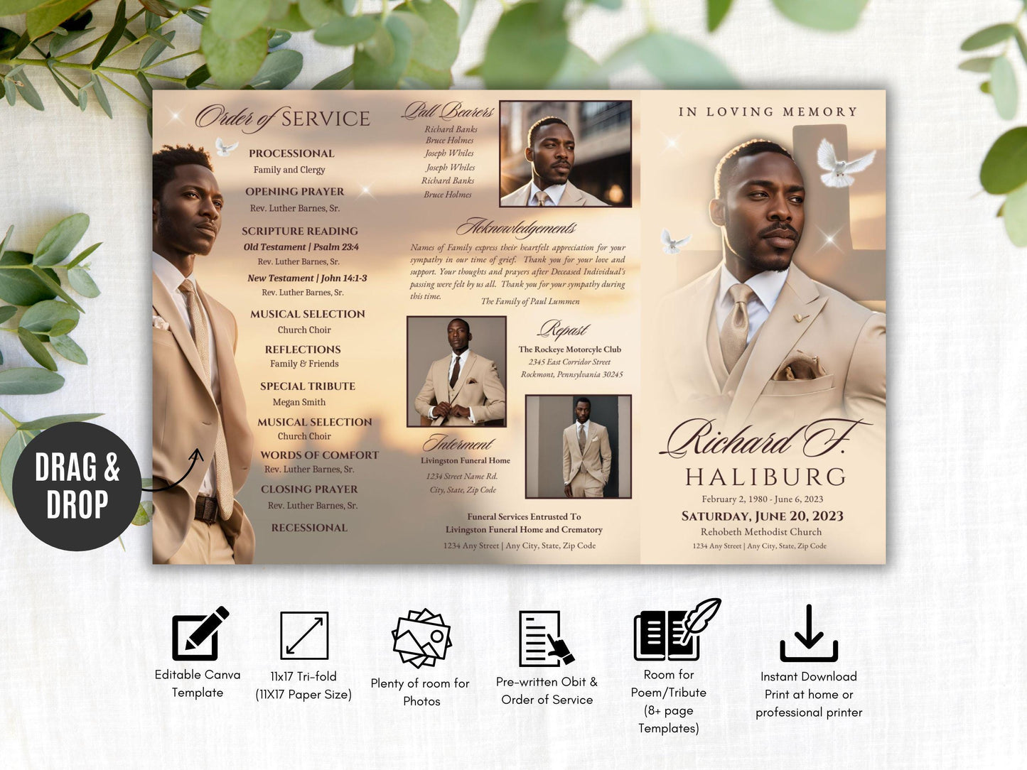 Funeral Program Template The Cross | 17x11 TRIFOLD | Memorial Service| Obituary For Men | Editable Canva Template | Keepsake