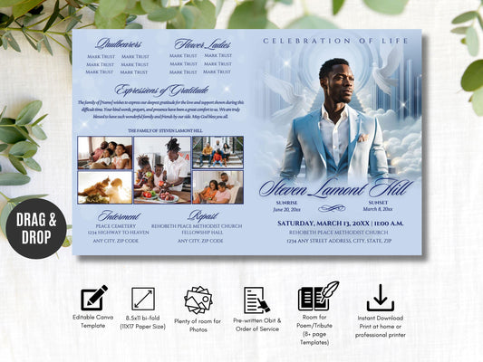 4-Page | 8.5x11 Bi-fold Funeral Program Book Design | Light Blue Clouds | Obituary Book| Memorial Keepsake | Canva Template | #088