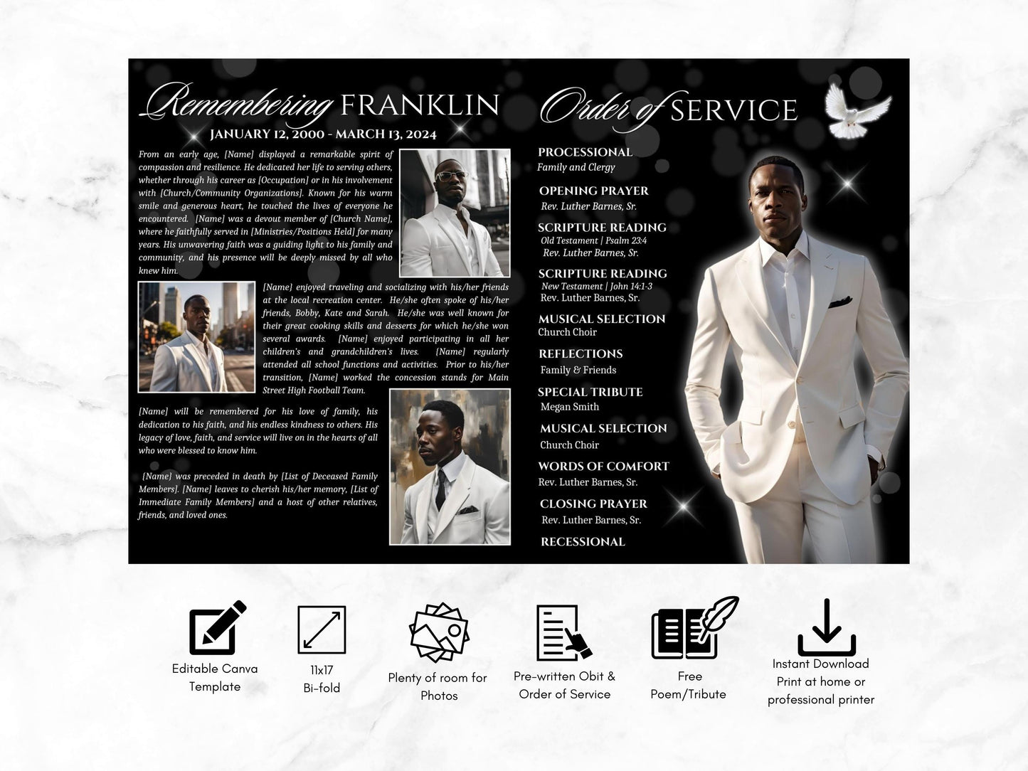 Editable Canva Funeral Program Template | Black and White | 8-Page 11X17 Bi-fold | Memorial Keepsake | Rest in Peace | Canva Template