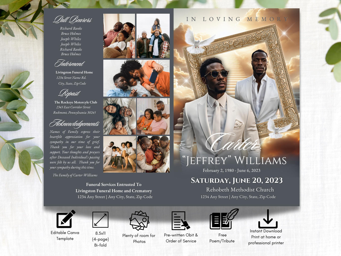 4-Page | 8.5x11 Bi-fold Funeral Program Book Design | Stairway to Heaven Obituary | Obituary Book| Memorial Keepsake | Canva Template | #083