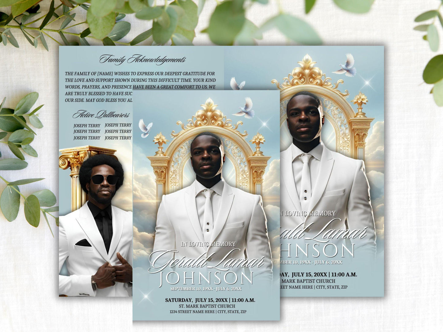 4-Page | 5.5"x8.5" Bi-fold Funeral Program Booklet | Golden Gates and Clouds | Obituary Book| Memorial Keepsake | Canva Template | #049