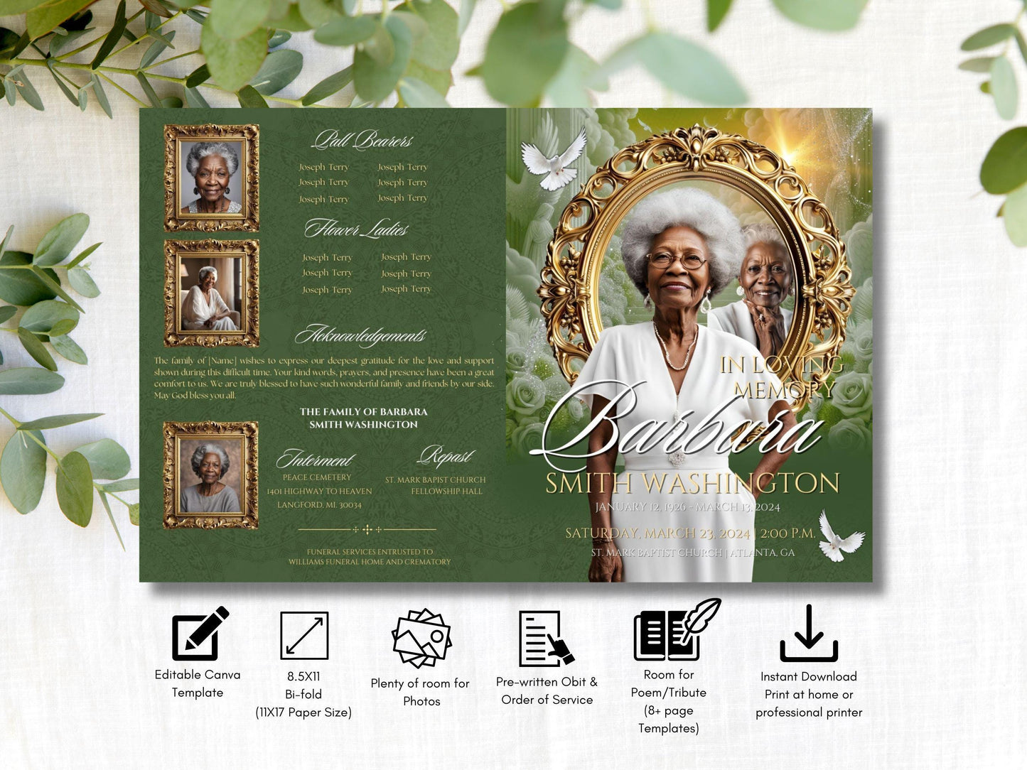 8-Page | 11X17 Bi-fold Funeral Program Book Design | Green and Gold Inspired | Obituary Book| Memorial Keepsake | Canva Template