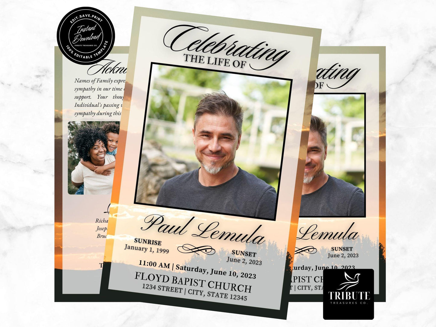 4-Page | 8.5x11 Bi-fold Funeral Program Book Design | Red Clouds Flowers | Obituary Book| Memorial Keepsake | Canva Template