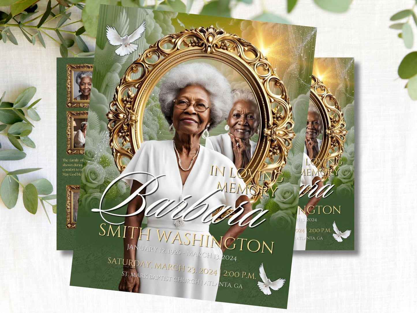 8-Page | 11X17 Bi-fold Funeral Program Book Design | Green and Gold Inspired | Obituary Book| Memorial Keepsake | Canva Template