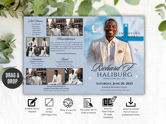 4-Page | 8.5x11 Bi-fold Funeral Program Book Design | Blue Clouds Cross Obituary | Obituary Book| Memorial Keepsake | Canva Template | #039