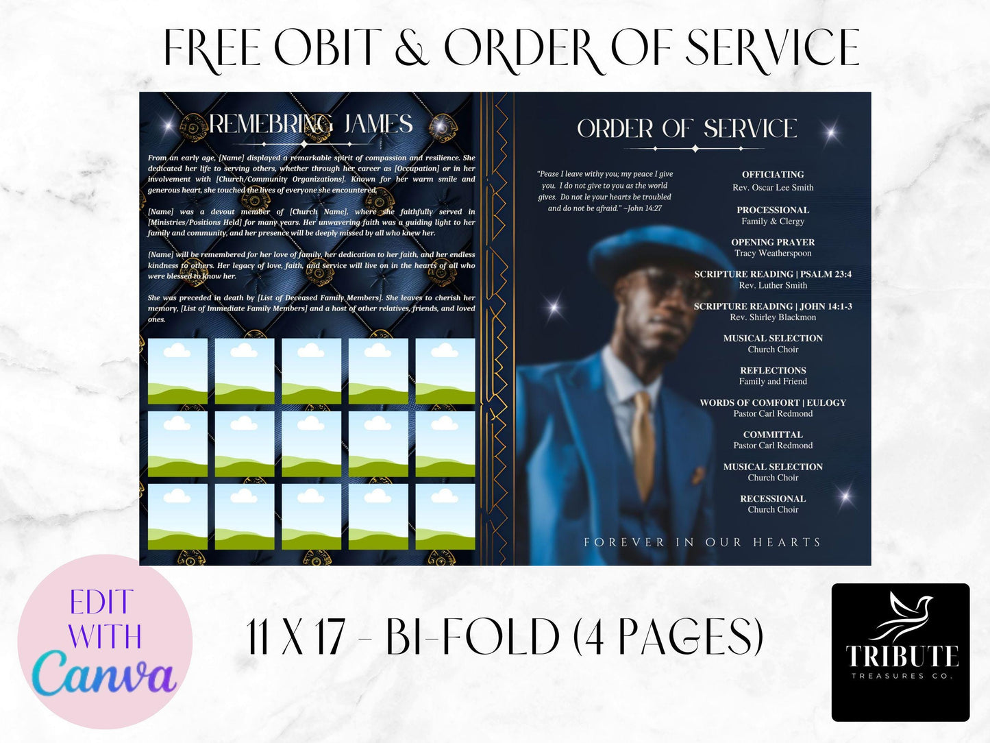 Editable Canva Funeral Program Template | Masculine Blue | 4-Page 11x17 Bi-fold | Memorial Keepsake | Rest in Peace | Canva Template