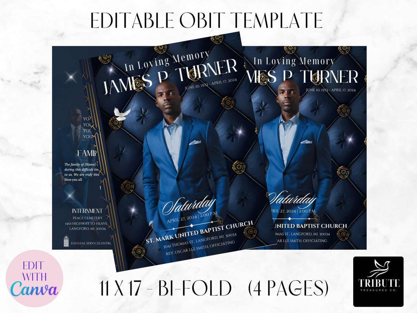 Editable Canva Funeral Program Template | Masculine Blue | 4-Page 11x17 Bi-fold | Memorial Keepsake | Rest in Peace | Canva Template