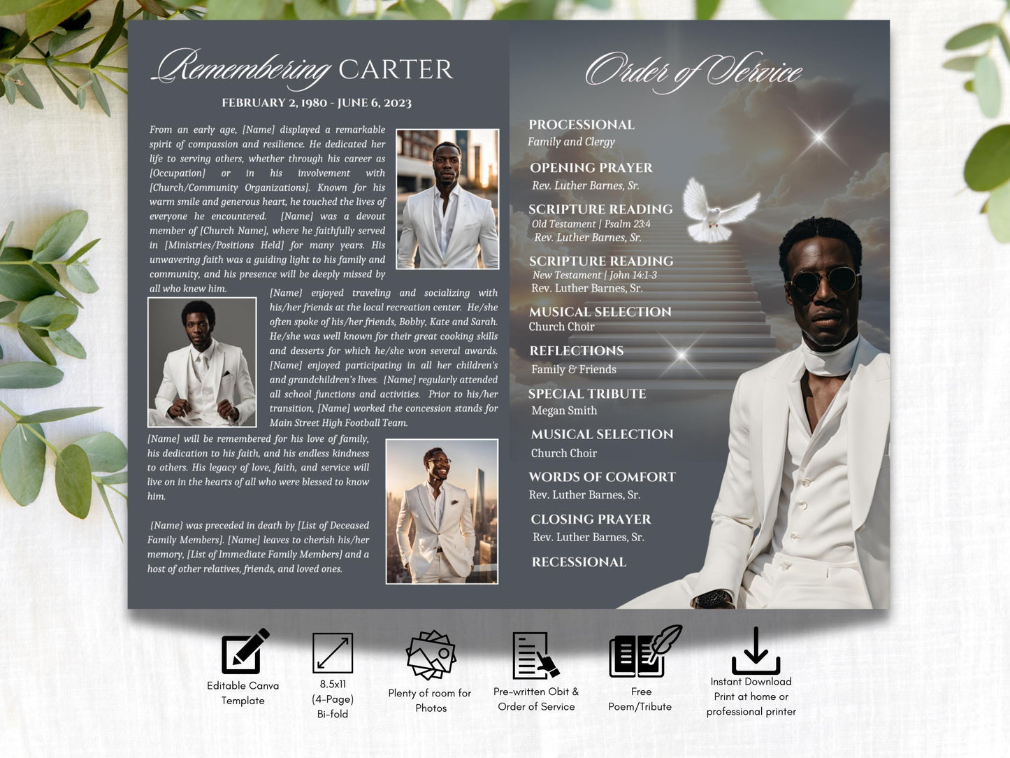 4-Page | 8.5x11 Bi-fold Funeral Program Book Design | Stairway to Heaven Obituary | Obituary Book| Memorial Keepsake | Canva Template | #083
