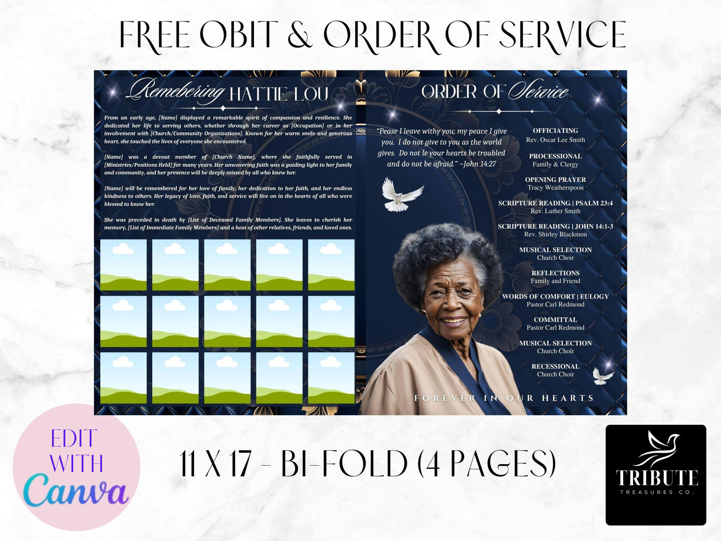 Editable Canva Funeral Program Template | Feminine Blue | 4-Page 11x17 Bi-fold | Memorial Keepsake | Rest in Peace | Canva Template