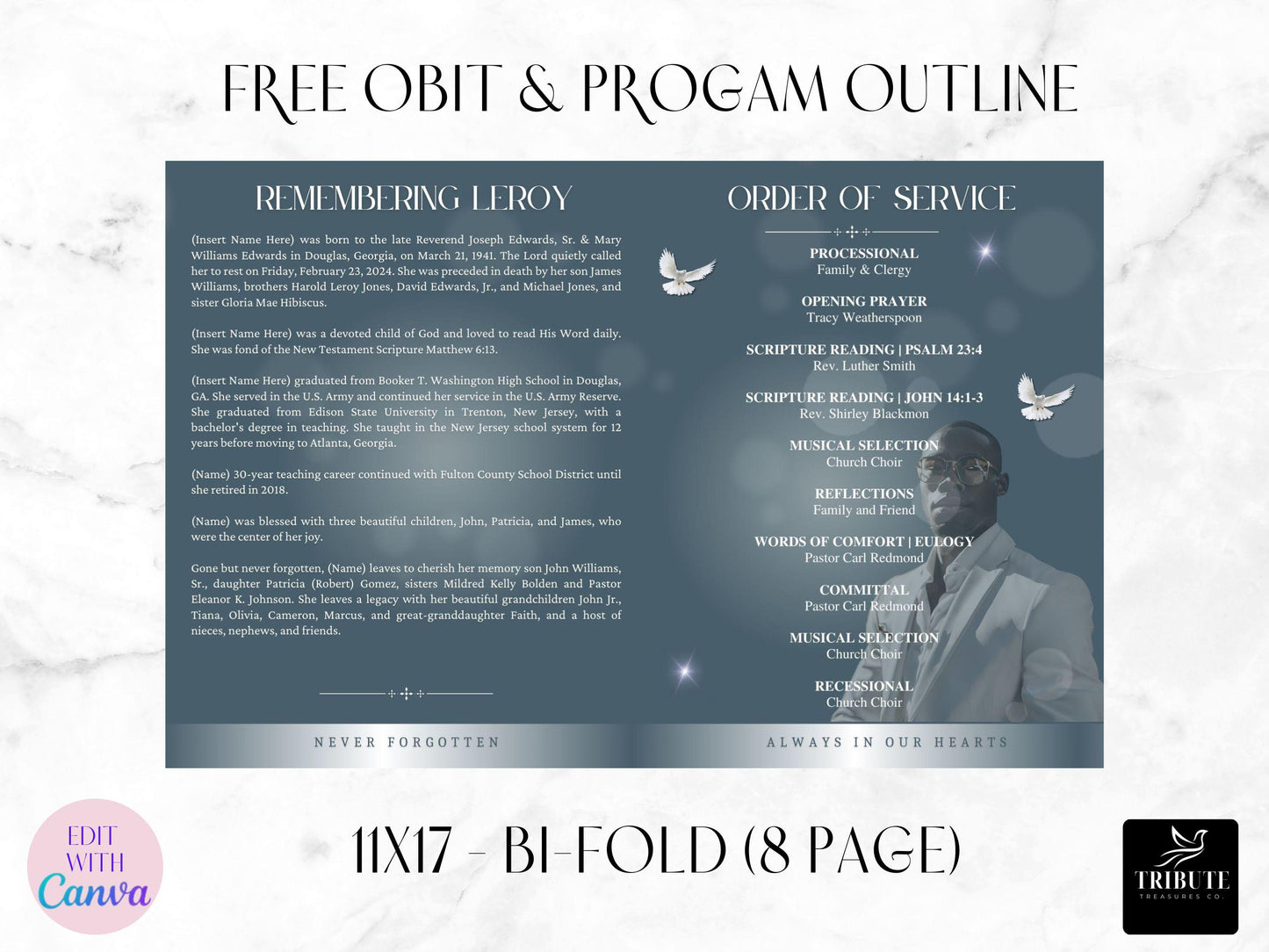 8-Page | 11X17 Bi-fold Funeral Program Book Design | Blue Silver Clouds Inspired | Obituary Book| Memorial Keepsake | Canva Template