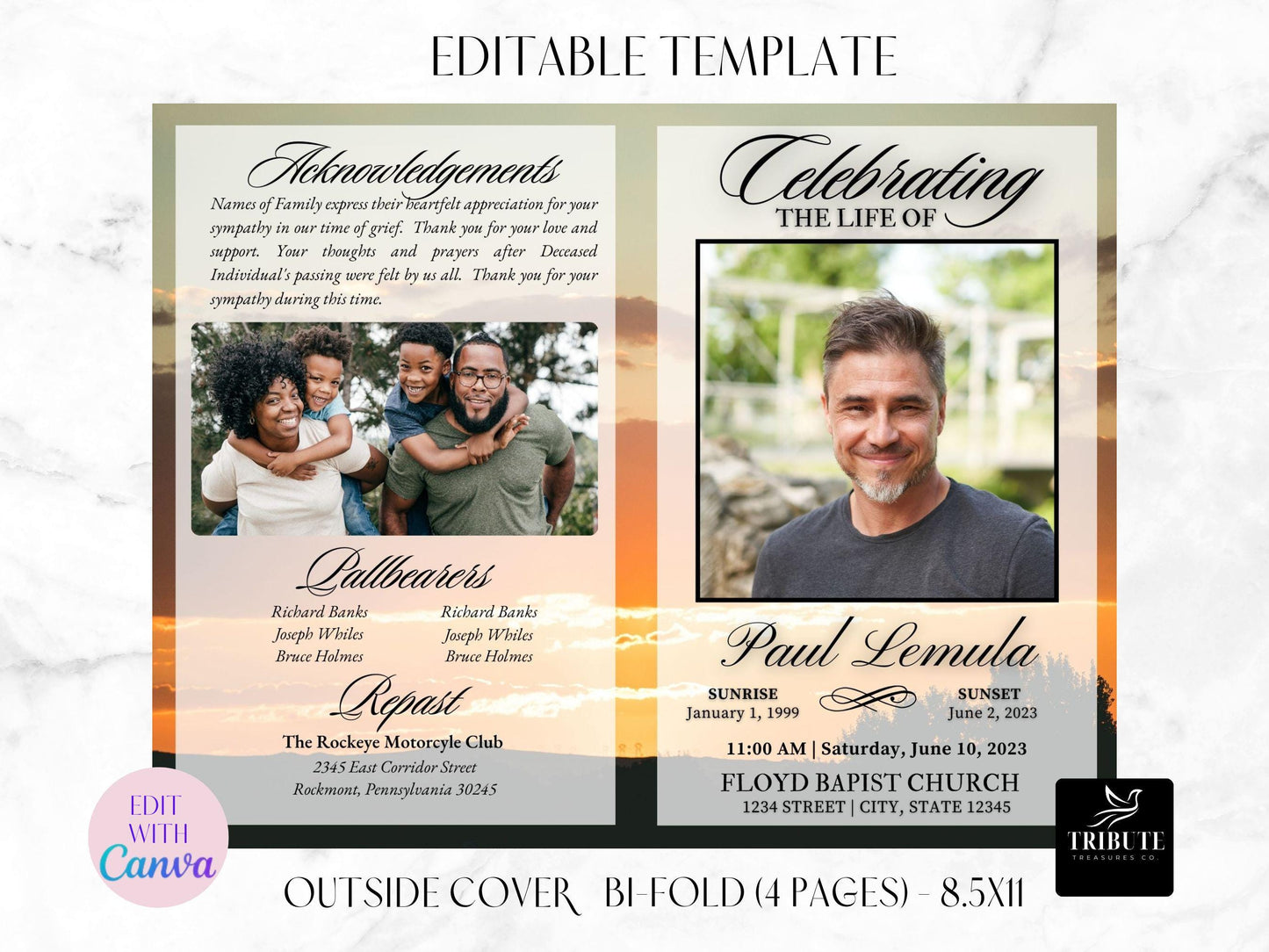 4-Page | 8.5x11 Bi-fold Funeral Program Book Design | Red Clouds Flowers | Obituary Book| Memorial Keepsake | Canva Template