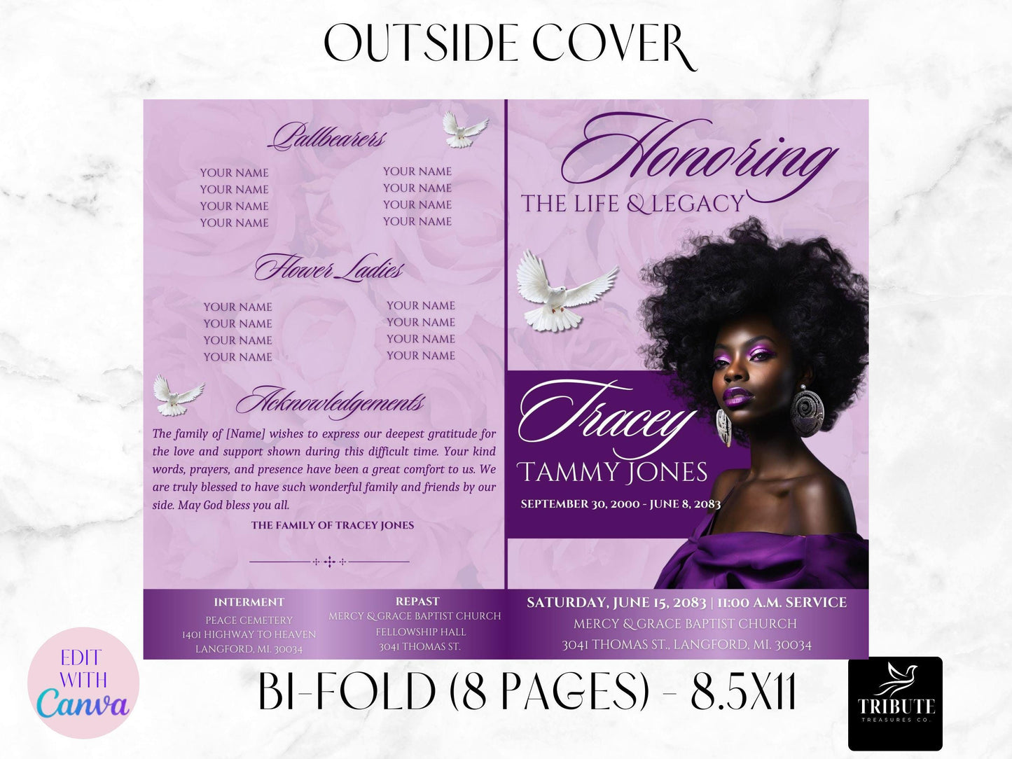 Editable Canva Funeral Program Template | Purple Obit | 8-Page 8.5x11 Bi-fold | Memorial Keepsake | Rest in Peace | Canva Template | #031