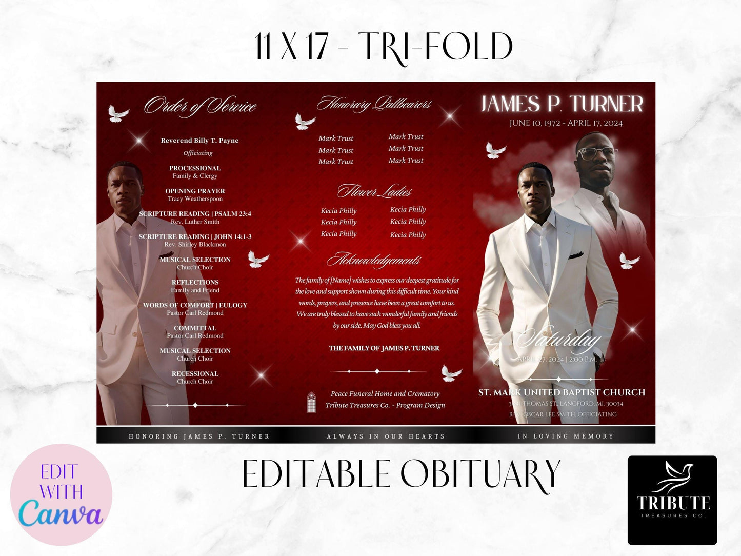 Funeral Program Template Red and Black | 17x11 TRIFOLD | Memorial Service| Obituary For Men | Editable Canva Template | Keepsake | #072