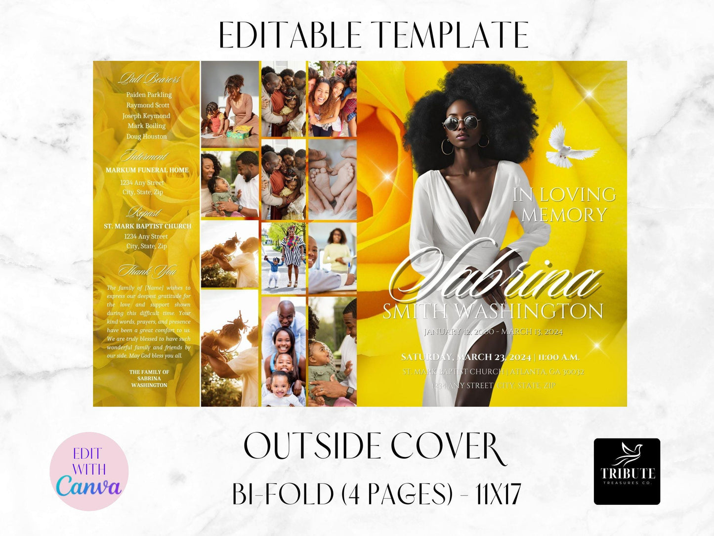 Editable Canva Funeral Program Template | Yellow Rose | 4-Page 11X17 Bi-fold | Memorial Keepsake | Rest in Peace | Canva Template