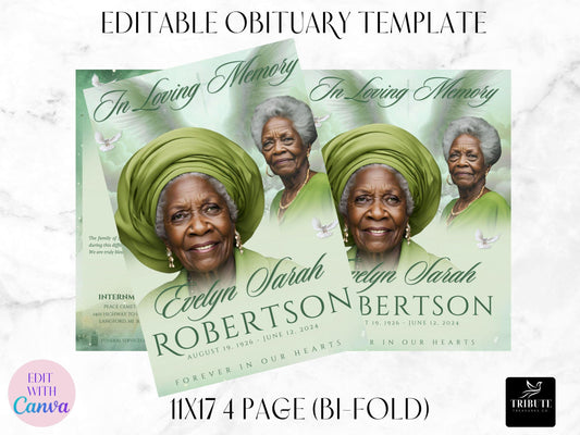 Editable Canva Funeral Program Template | Green and Gold | 4-Page 11X17 Bi-fold | Memorial Keepsake | Rest in Peace | Canva Template | #051
