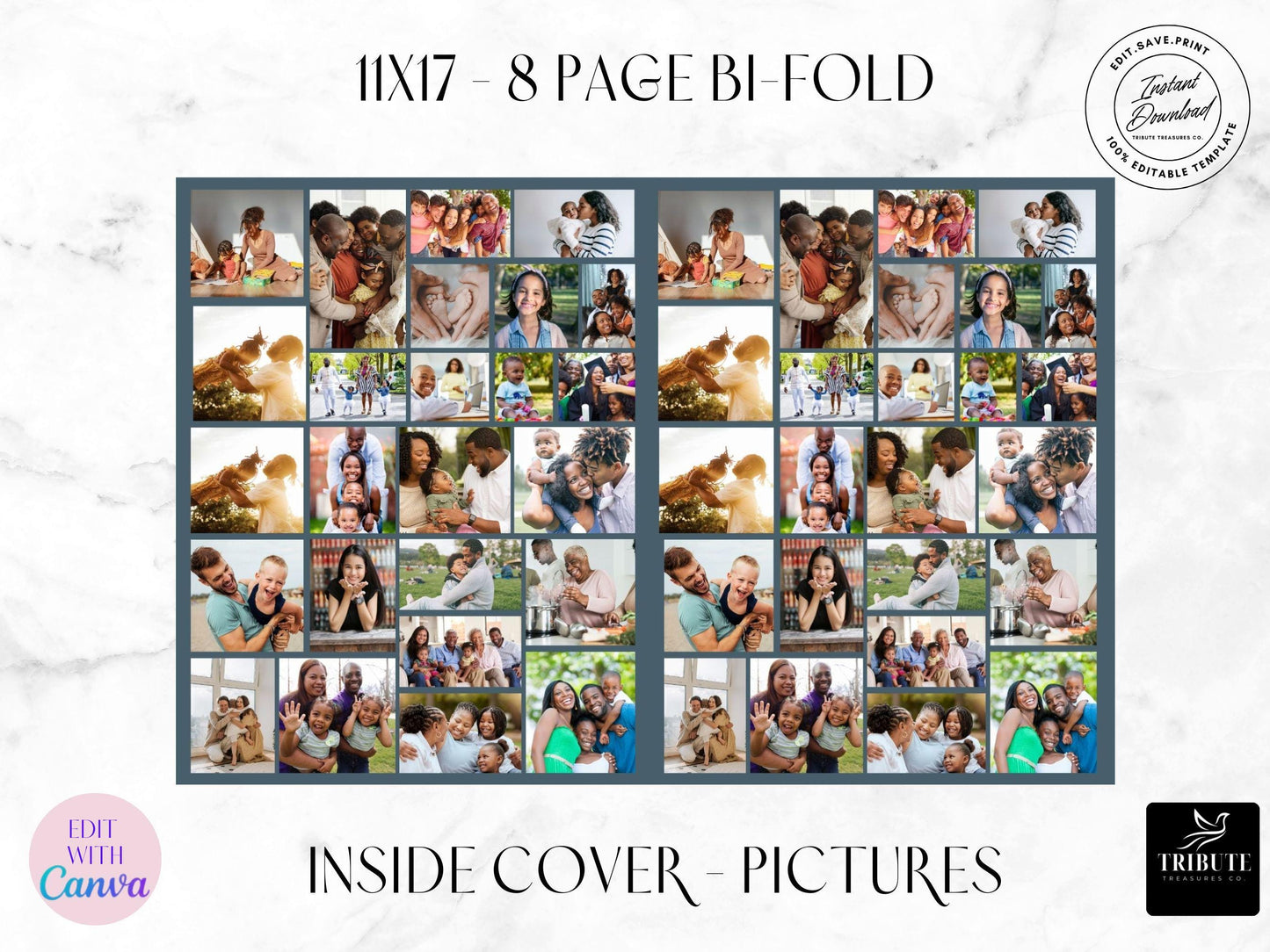 8-Page | 11X17 Bi-fold Funeral Program Book Design | Blue Silver Clouds Inspired | Obituary Book| Memorial Keepsake | Canva Template