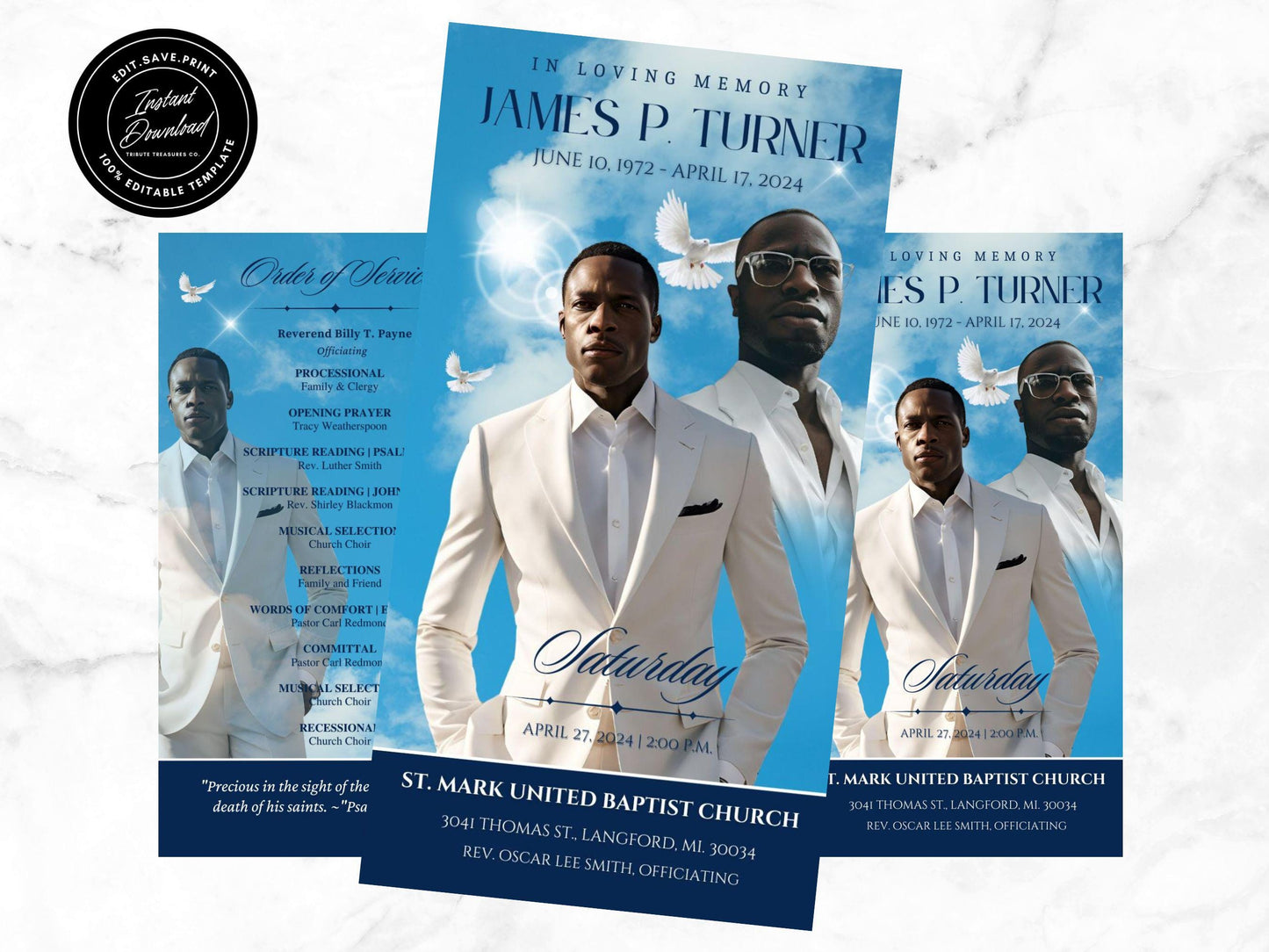 Funeral Program Template Blue Clouds| 17x11 TRIFOLD | Memorial Service| Obituary For Men | Editable Canva Template | Keepsake