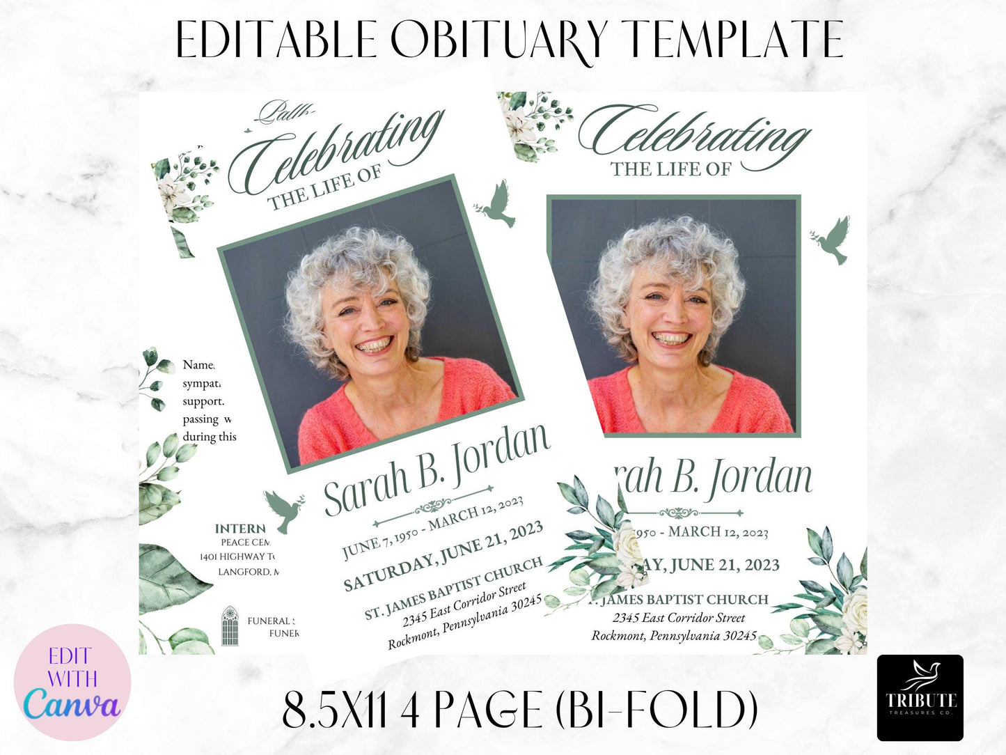 4-Page | 8.5"x5.5" Bi-fold Funeral Program Book Design | Green Flower Simple| Obituary Book | Memorial Keepsake | Canva Template | #001
