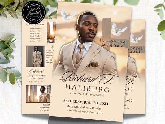 4-Page | 11x17 Bi-fold Funeral Program Book Design | The Cross Obituary | Obituary Book| Memorial Keepsake | Canva Template | #043