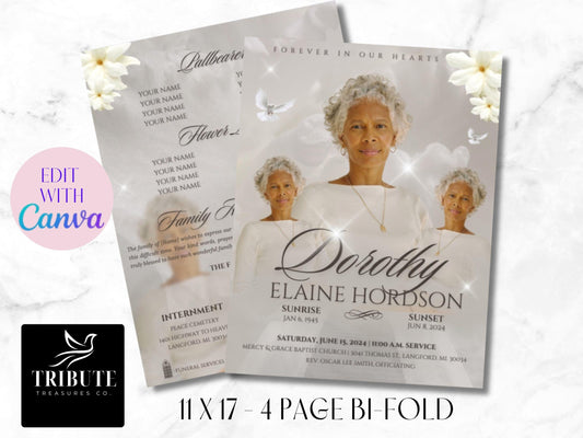 Editable Canva Funeral Program Template | White and Gold | 4-Page 11X17 Bi-fold | Memorial Keepsake | Rest in Peace | Canva Template | #090