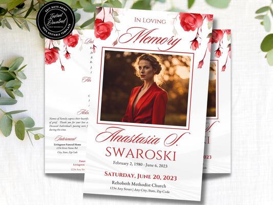 8-Page | 5.5"x8.5" Bi-fold Funeral Program Book Design | Red and Pink Floral Themed | Obituary Book | Memorial Keepsake | Canva Template