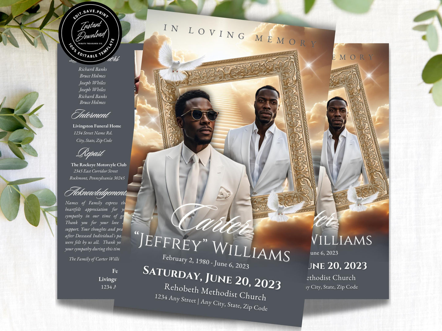 4-Page | 8.5x11 Bi-fold Funeral Program Book Design | Stairway to Heaven Obituary | Obituary Book| Memorial Keepsake | Canva Template | #083