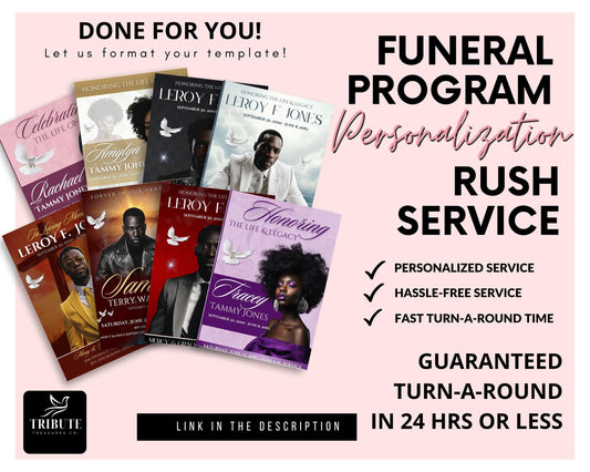 Personalized Funeral Program | Professional Editing and Formatting Service | Done for You| Celebration of Life | RUSH FEE - 24 HR Service. | #B003