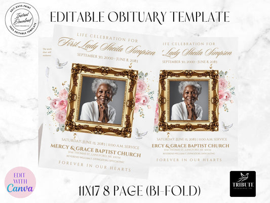 Editable Canva Funeral Program Template | White and Pink | 8-Page 11x17 Bi-fold | Memorial Keepsake | Rest in Peace | Canva Template